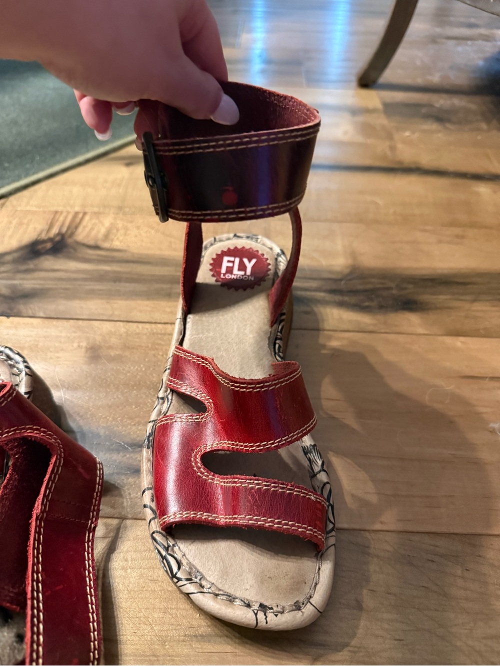 Fly London Red Leather Ankle-Strap Sandals